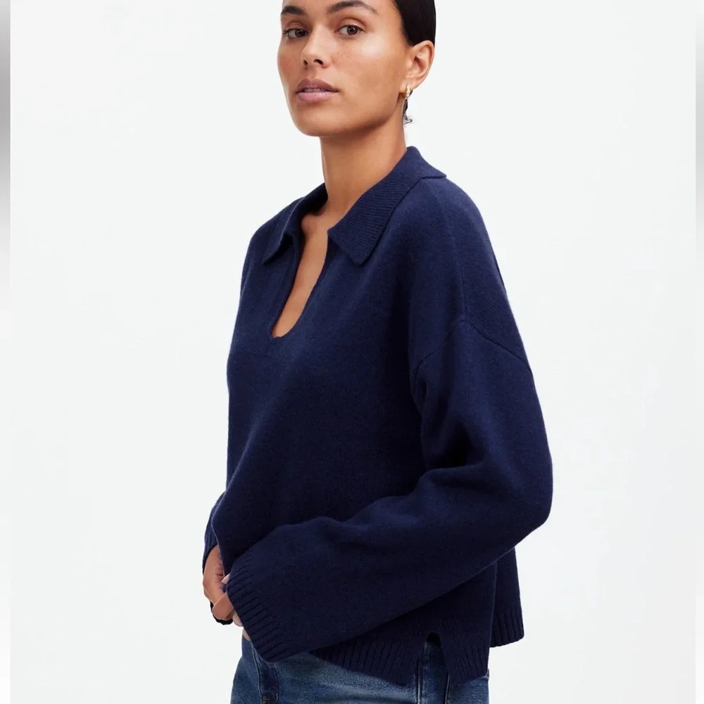 Madewell Cashmere-Wool Blend Polo Sweater Bright Cobalt Size M